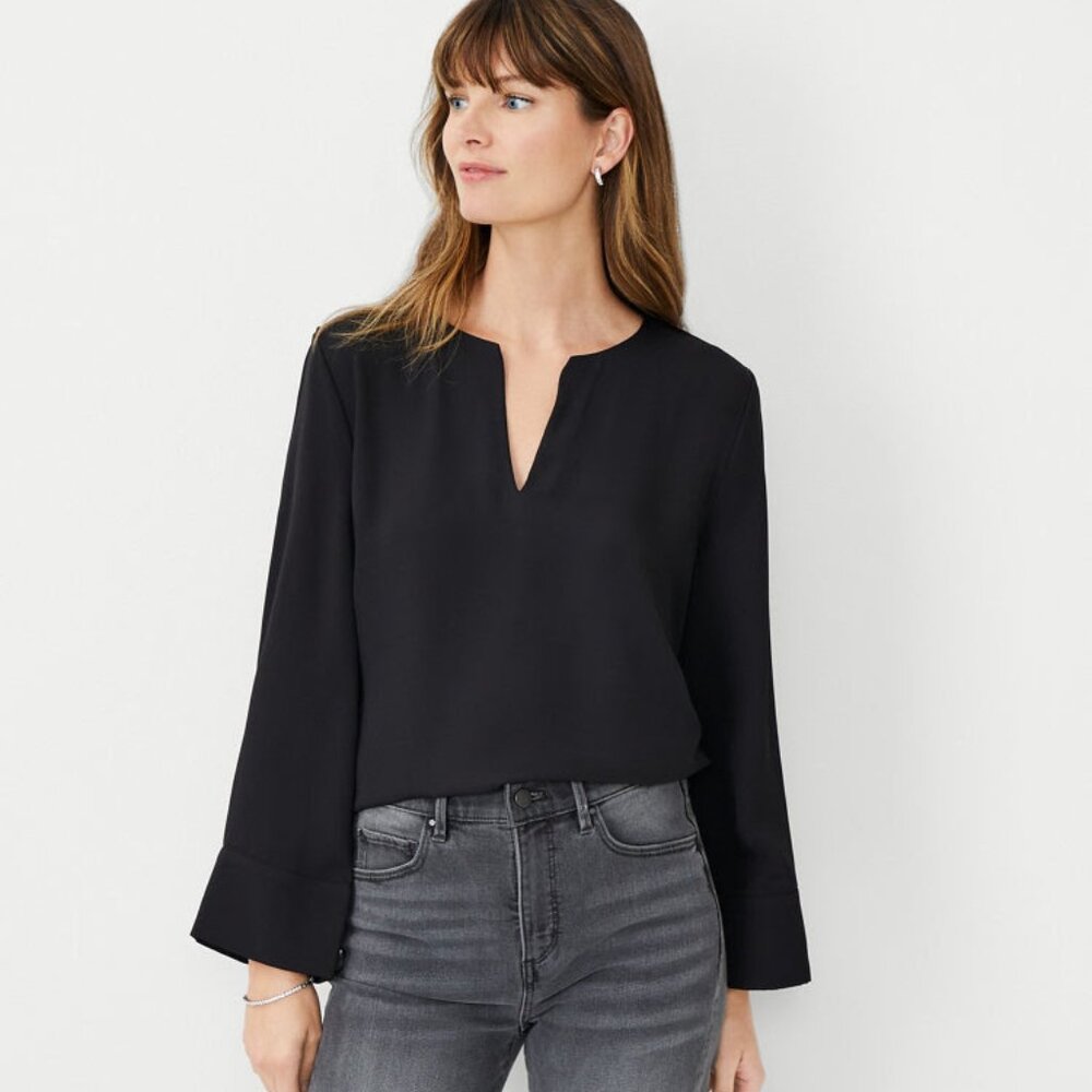 Ann Taylor Mixed Media Split Neck Top